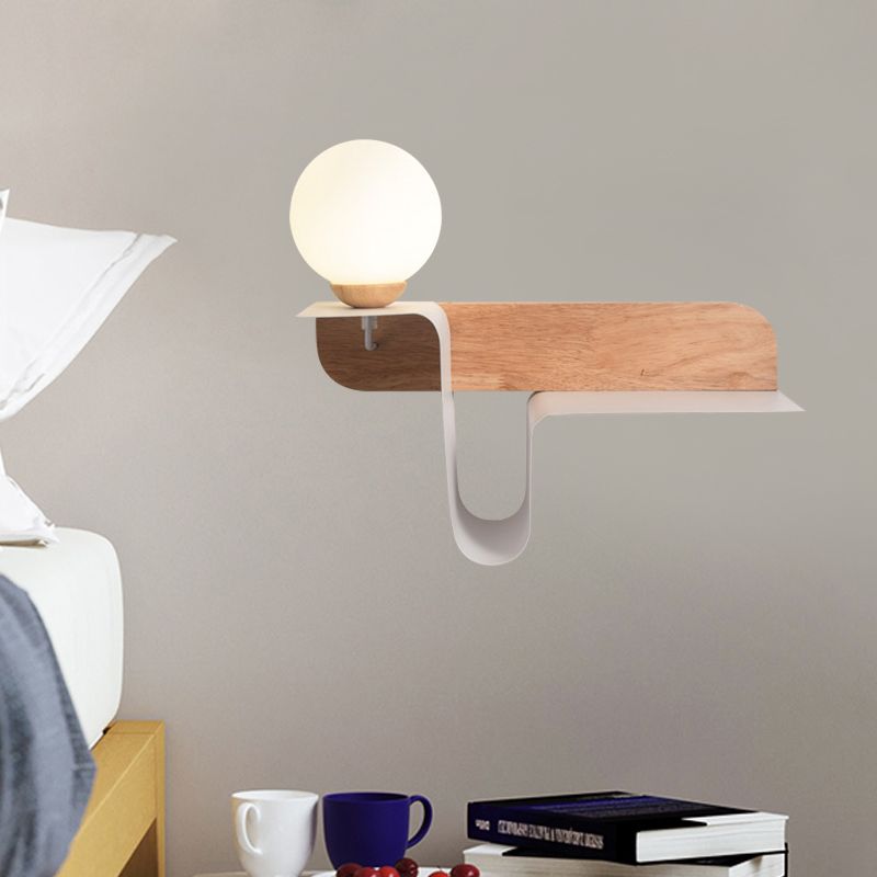 Orb Opal Frosted Glass Sconce Ideas Nordic 1 Bulb White-Wood Wall Mounted Lamp with Shelf, Left/Right
