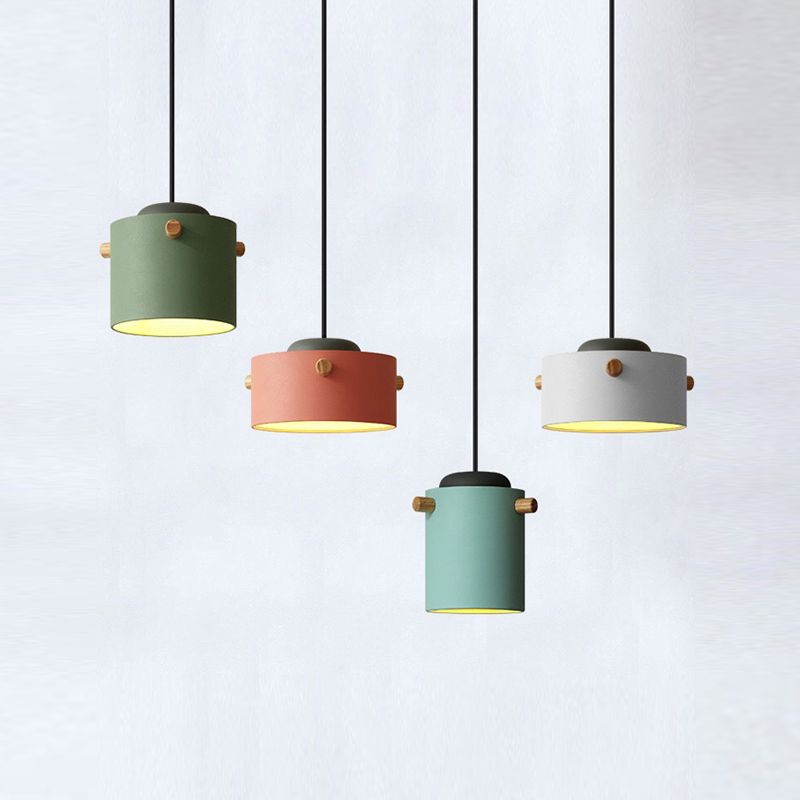 Cylindrical Metal Pendant Lamp Macaron 1 Head Solid Wood Ceiling Hanging Light