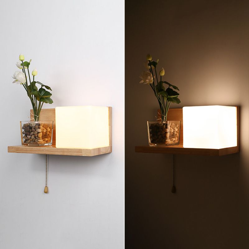 Nordic Style Solid Wood Wall Sconce White Square Glass Shade Wall Mount Light with Hand-pull Switch