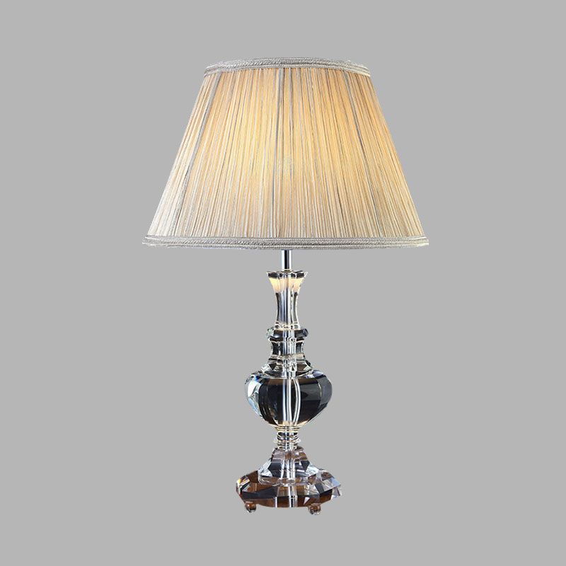 1 Light Fabric Nightstand Lamp Rustic Beige Conical Bedroom Night Light with K9 Crystal Accent