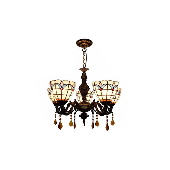 Domed Inverted Chandelier Retro Style Stained Glass 5 Lights Hanging Pendant with Tulip Pattern