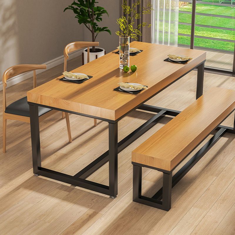 Industrial Solid Wood Dining Table Rectangle Table in Brown with Metal Trestle Base