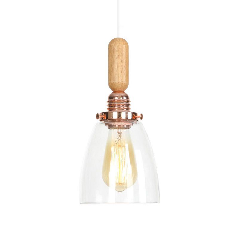 1-Light Saucer/Bell Shade Hanging Lamp Rustic Rose Gold Clear/Clear Ribbed Glass Ceiling Pendant with Wood Handle