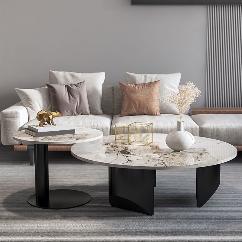 Modern Coffee Table Slate Round Nesting Coffee Table Set with Black Legs