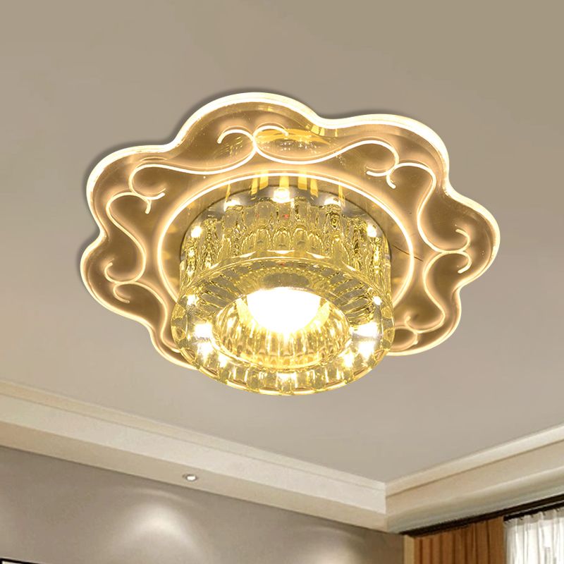 Modern Drum Close to Ceiling Lighting Clear Crystal Glass Balcony LED Flush Mount Lamp, Warm/Multi Color/Red Light