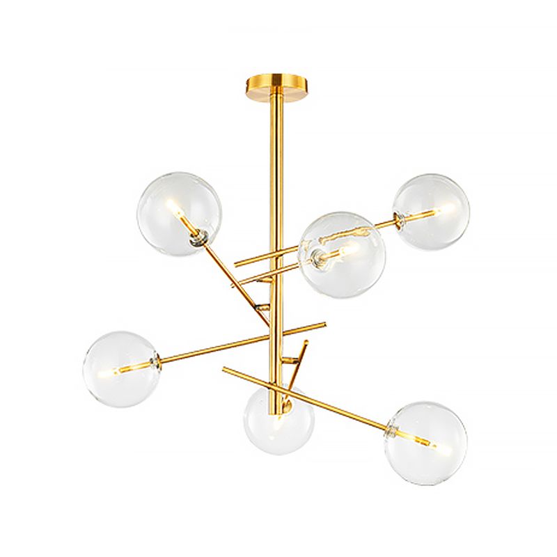 Spherical Kitchen Bar Ceiling Chandelier Clear Glass 6-Bulb Postmodern Hanging Light in Gold