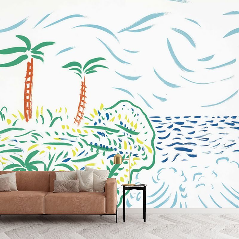 Art Tropical Landscape Wall Mural Decal in Blue Scenery Painting Wall Covering for Home