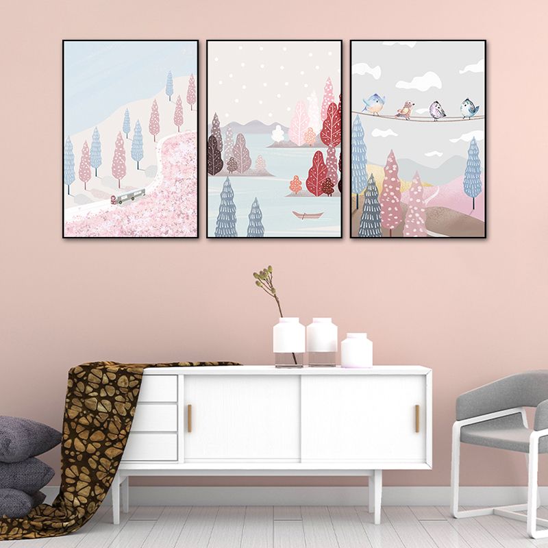 Illustration Park Scenery Wall Art Kids Style Landscape Canvas Print in Pink and Blue