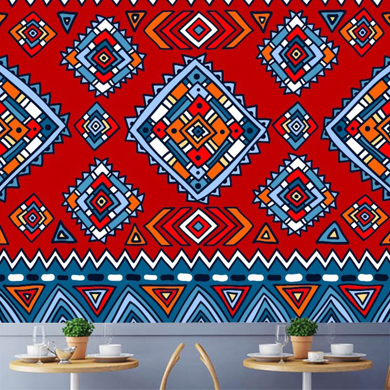 Boho-Chic Zigzag Square Murals Red-Blue Waterproofing Wall Decoration for Bedroom
