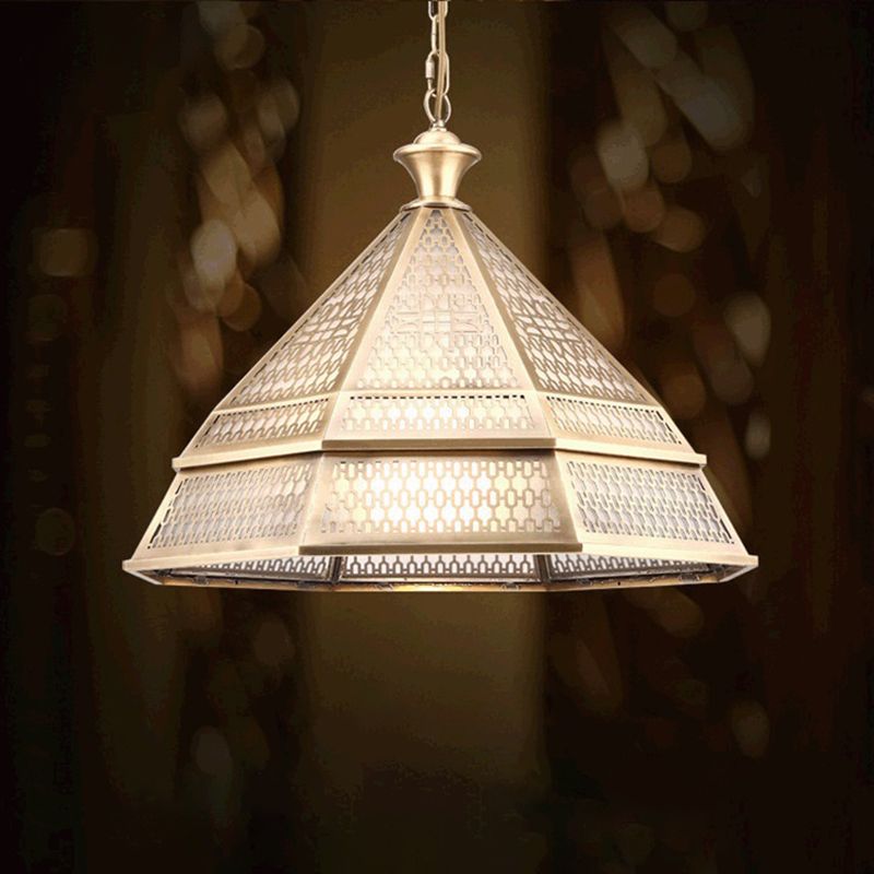 Tapered Living Room Ceiling Lamp Art Deco Metal 1 Head Brass Pendant Light Fixture
