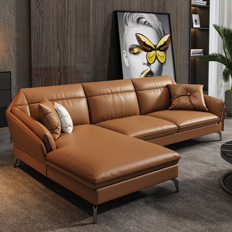 Sloped Arms Genuine Leather Sectional Sofa 35.43"High Cushion Back Sofa, Dark Brown