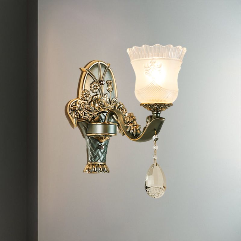 Single Bulb Sconce with Flower Shade Clear Latticed Glass Mid Century Bedside Wall Lamp Fixture in Green