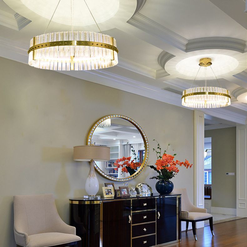 Gold Plated Round Chandelier Lamp Minimalist Crystal LED Hanging Light with Riveted Detail