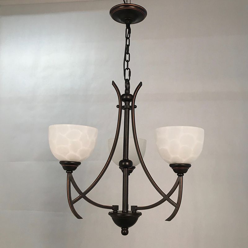 Bowl Living Room Pendant Chandelier Traditional White Cloud-Like Frosted Glass 3 Lights Bronze Hanging Fixture