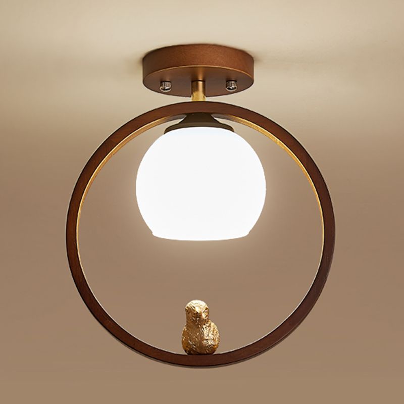 Round Shape Ceiling Lamp Modern Wood 1 Light Flush Mount with Glass Lampshade for Aisle