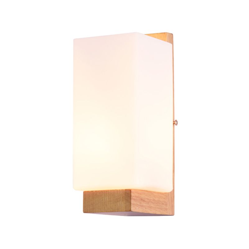 Nordic Wood Wall Light Cuboid 9" Wide Wall Sconce with White Glass for Bedroom