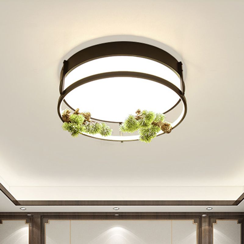 Black/Gold LED Ceiling Fixture Industrial Metal Square/Round Plant Flush Mount Light for Bedroom, 16.5"/20.5" W