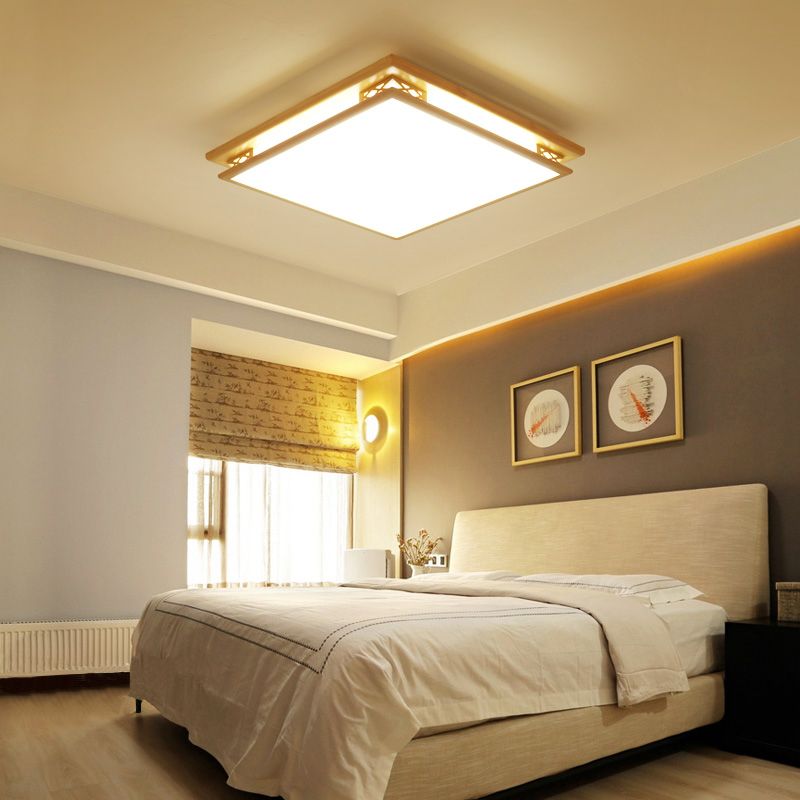 Modernity LED Ceiling Light Fixture Acrylic Shade Wood Squared Flush Mount Lamp in Warm/White Light, 18"/21.5" Wide