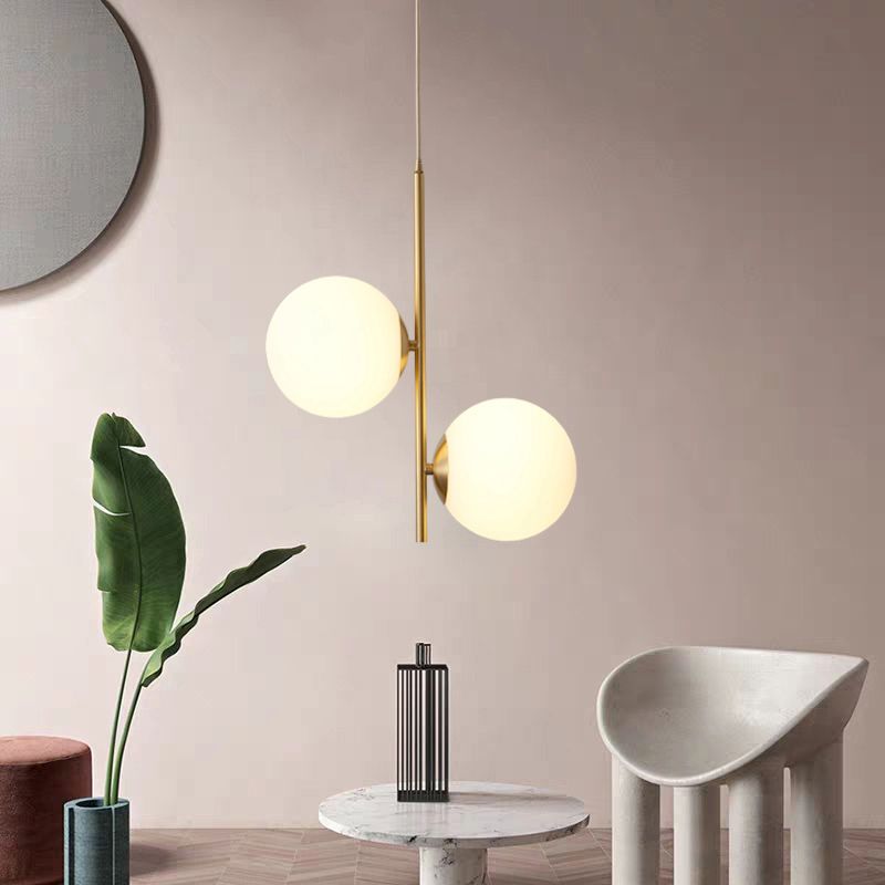 Opaque Glass Spherical Chandelier Minimalism 2-Head Gold Suspension Light for Dining Room
