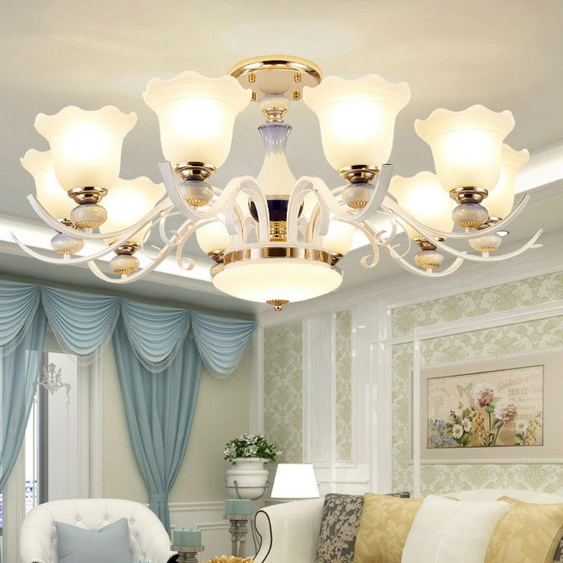 Hanging Chandelier Vintage Living Room Pendant Light with Flower Frosted Glass Shade in White