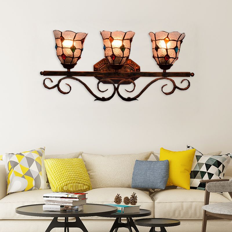 Cafe Lattice Bell Wall Light with Jewelry Glass 3 Heads Tiffany Vintage Clear Wall Lamp in Copper