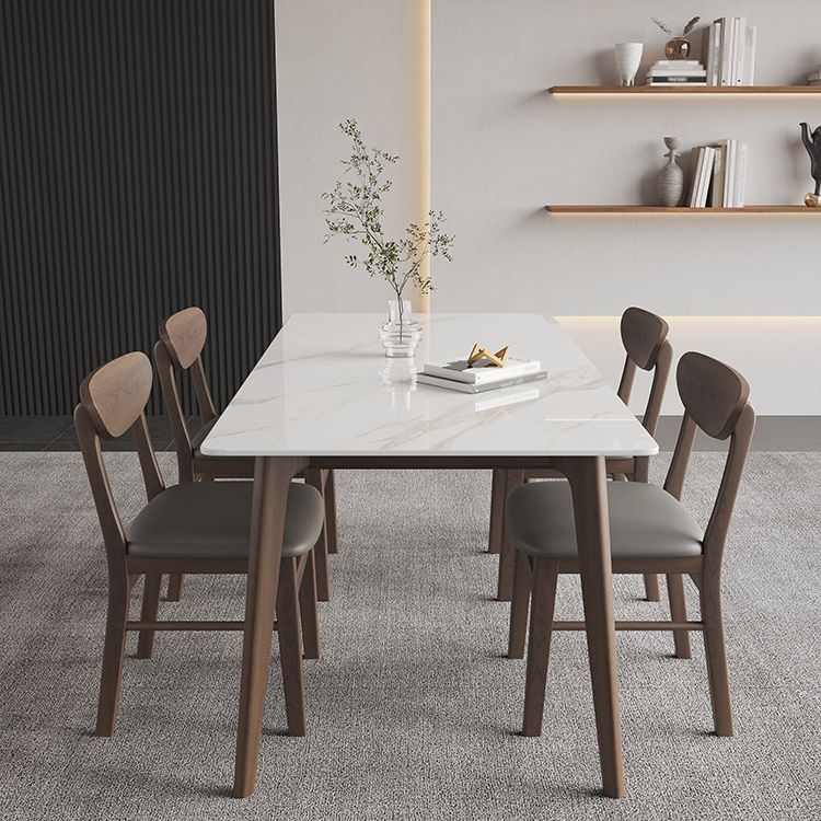 4 Legs Wood Dining Table Mid-century Modern Style Rectangle White Stone Top Dining Table