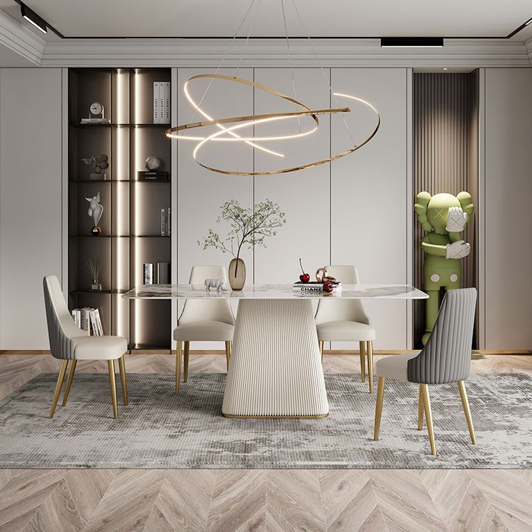 Mesa de comedor de piedra sinterizada de estilo contemporáneo con mesa fija blanca y base de pedestal