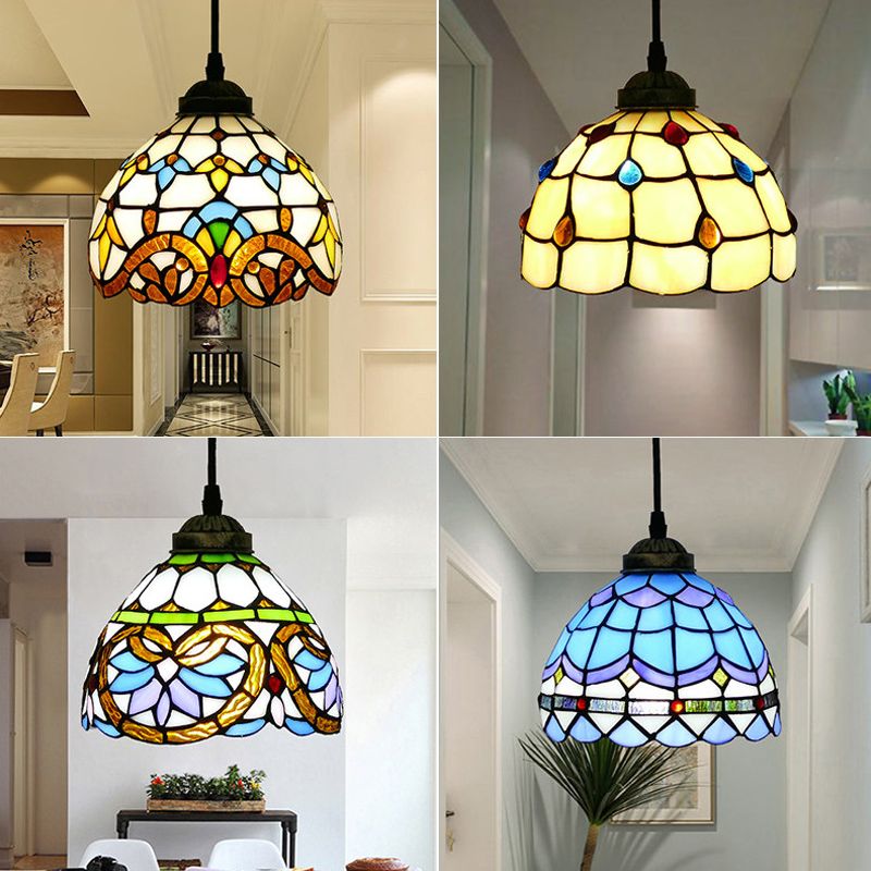 Tiffany Style Bell Shade Pendant Light Single Hand Cut Glass Suspension Light Fixture