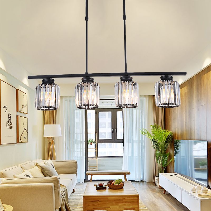 Nordic Cylinder Island Pendant Crystal 3/4 Bulbs Hanging Ceiling Light in Black for Living Room