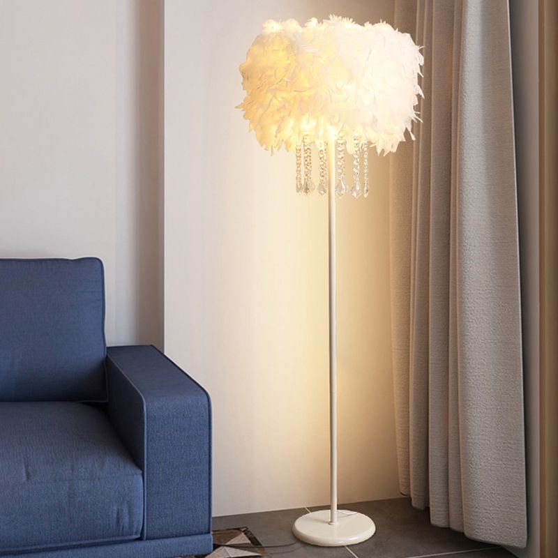 Drum Shade Standing Light Minimalistic Feather 1��Bulb Living Room Floor Lamp in White
