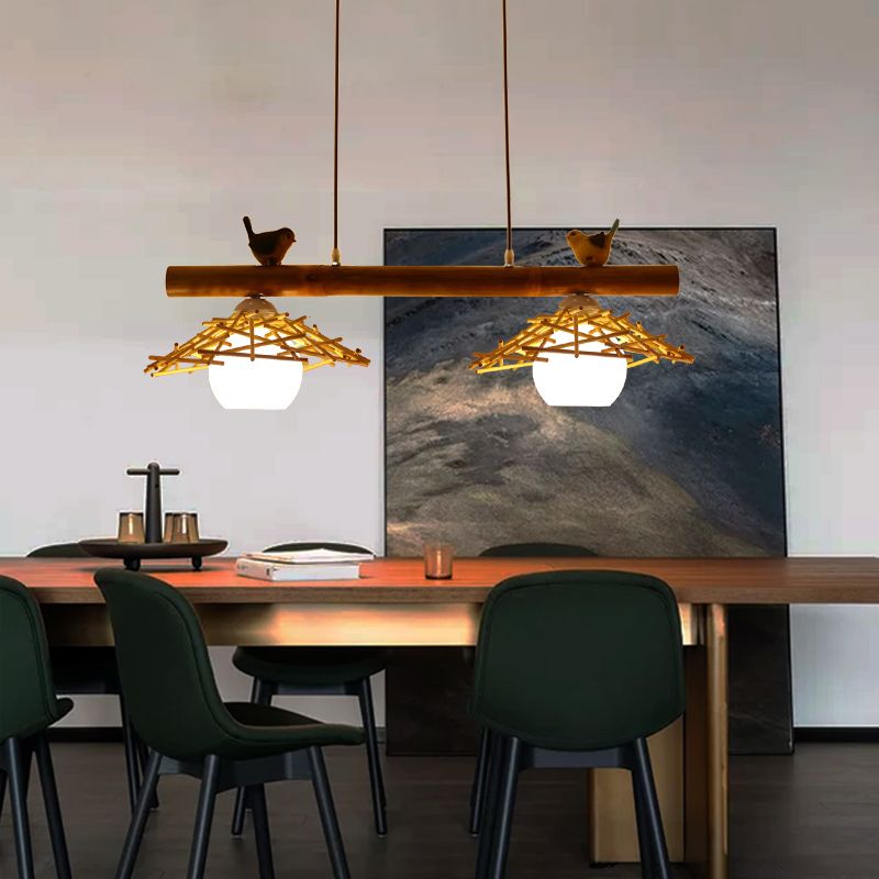 Cottage conico Isola Light Bamboo Bamboo Accensione in legno con ombra di vetro bianco cupola