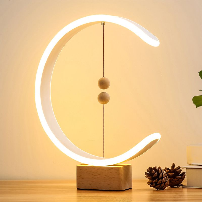 White C Shaped Night Lamp Minimalist Metal LED Table Light with Ball Magnetic Switch