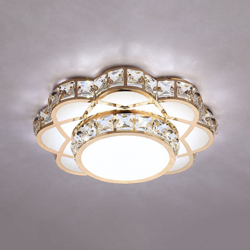 Gold 10"/12" Wide LED Flush Mount Lamp Modern Crystal Block Flower Ceiling Mounted Light