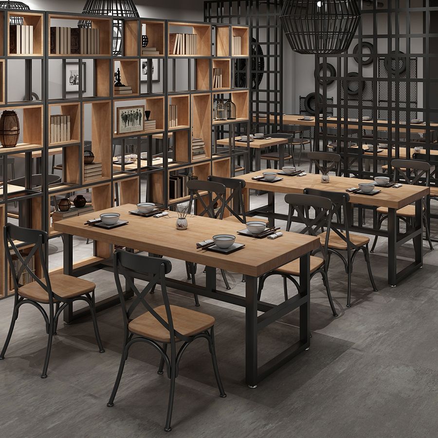 Mesa de comedor rectangular industrial mesa de madera maciza con base de caballete negro para uso doméstico