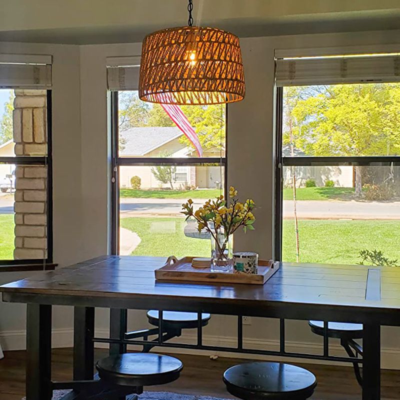 1-Light Hemp Rope Drum Hanging Light Hand Knitting Creative Bedroom Suspension Lamp in Beige