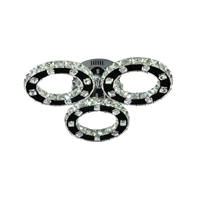 Simple LED Ceiling Light Fixture Stainless-Steel 3-Ring Semi Mount Lighting with Cur Crystal Shade