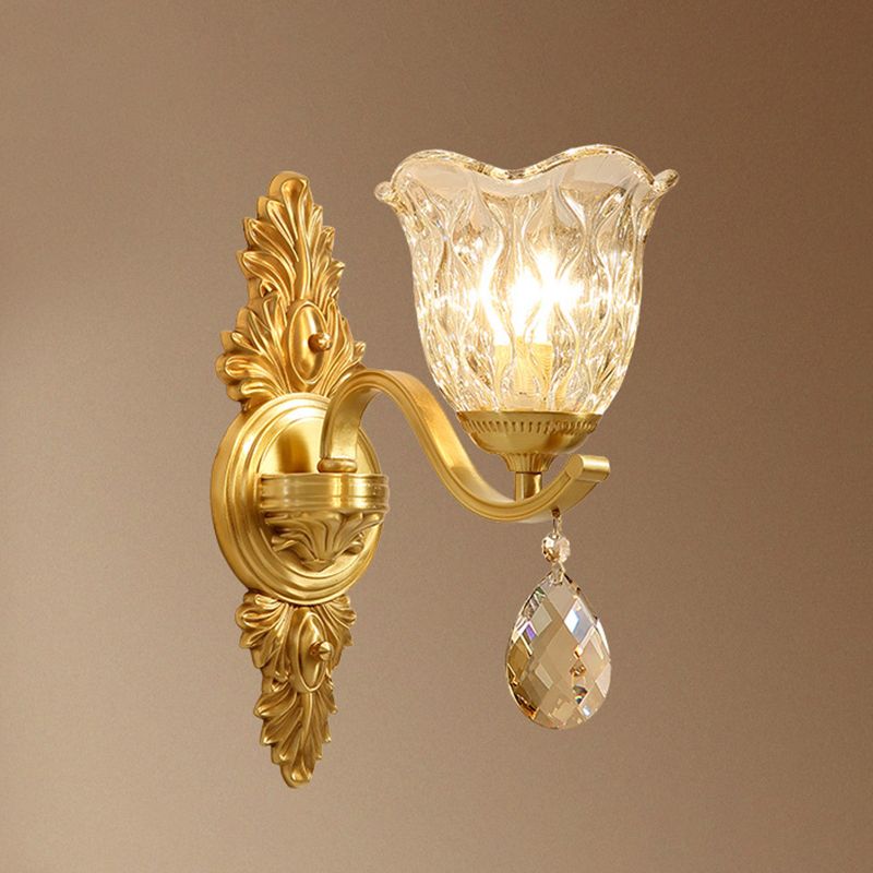 Handblown Glass Scalloped Bell Wall Lamp Simplicity Single Corridor Wall Light with Crystal Draping in Gold