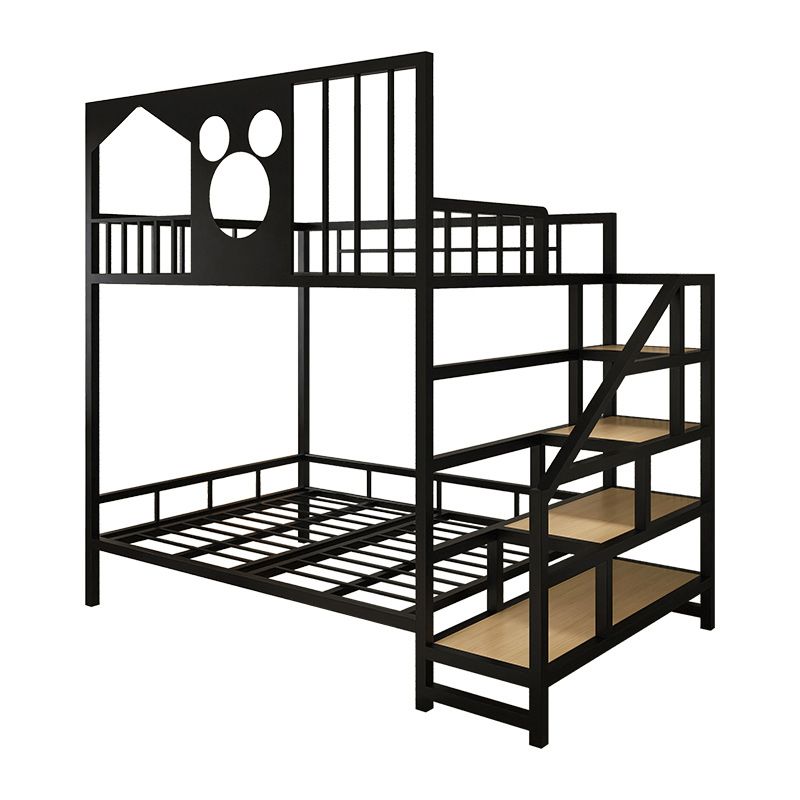 Metal Loft Bed White/Black Kids Bed with Stairway and Guardrail