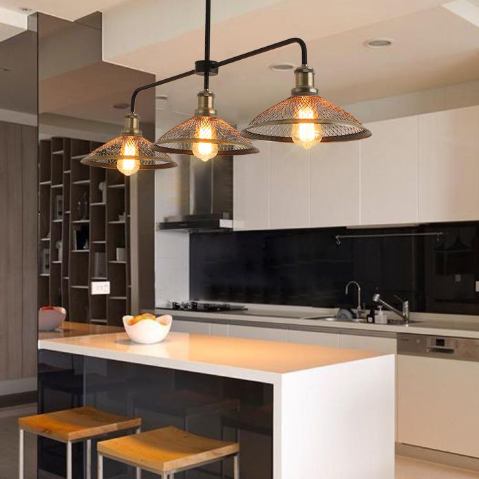 3 Heads Cage Flared Island Lighting with Mesh Screen Industrial Copper/Aged Bronze Metal Island Pendant Light for Dining Room