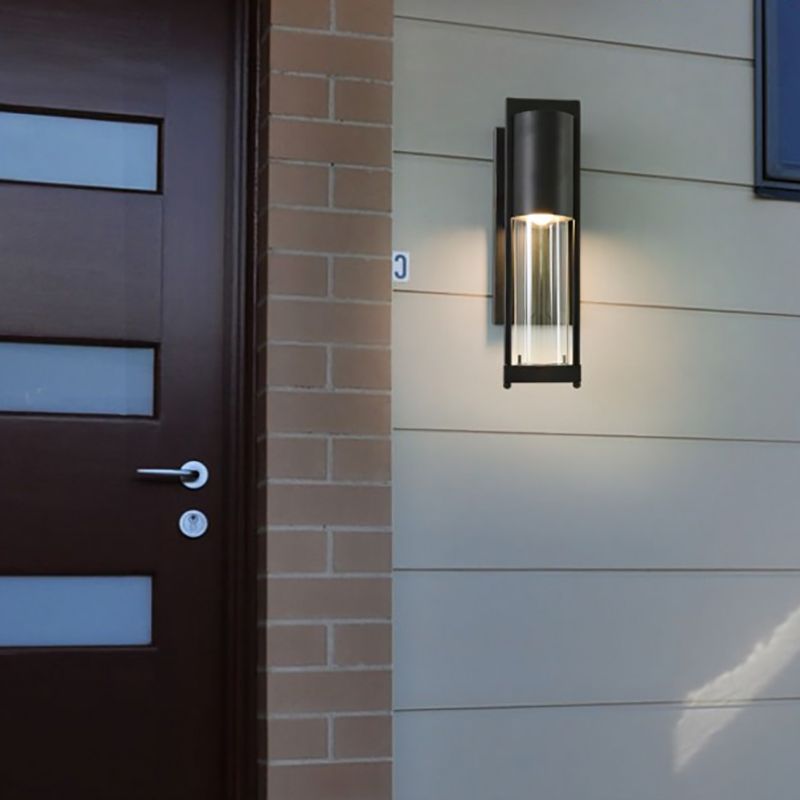 1 Light Metal Wall Sconce Lamp Modern Black/Rust Tube Outdoor Wall Mounted Light with Clear Glass Shade