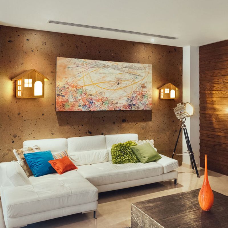 House Shape Wall Mounted Lamps Modern Simplicity Wood Wall Sconce for Living Room