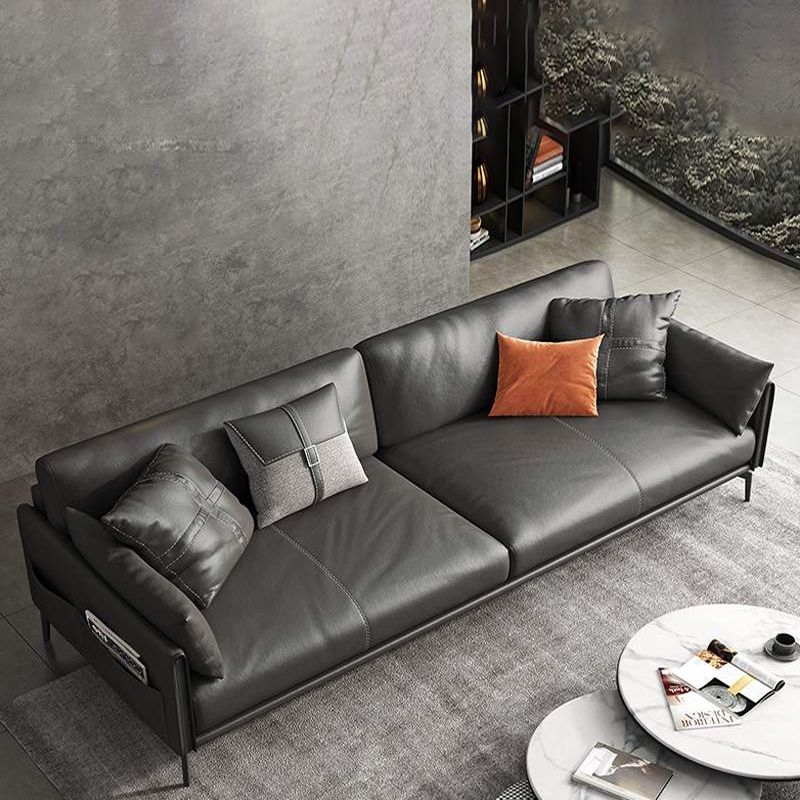 Mid-Century Modern Loose Back Sofa Gray Genuine Leather Aqure Arm Sofa