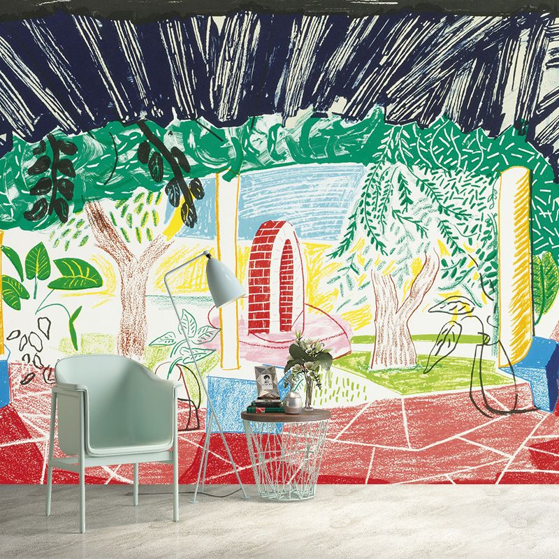 Personalized Illustration Art Mural with A Walk Around the Hotel Courtyard Painting in Multi Color