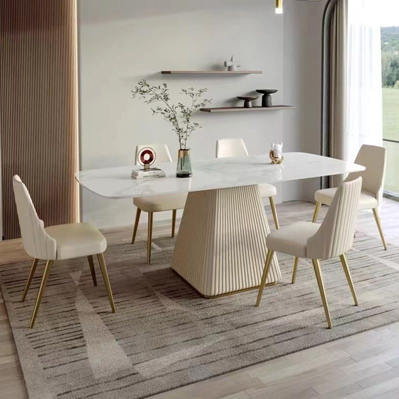 Minimalist Sintered Stone Dining Set for 4/6 Table Set of Metal Gold Base and PU Leather Chairs