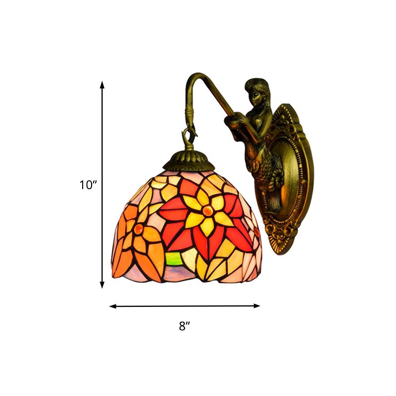 Orange Red Flower Wall Light Fixture Tiffany 1 Head Multicolor Stained Glass Sconce Light