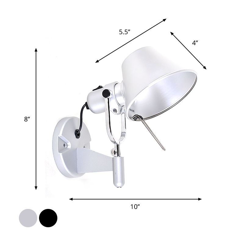 Metal Truncated Cone Task Wall Sconce Industrial Single Bedside Wall Mount Light with Adjustable Arm in Black/Silver