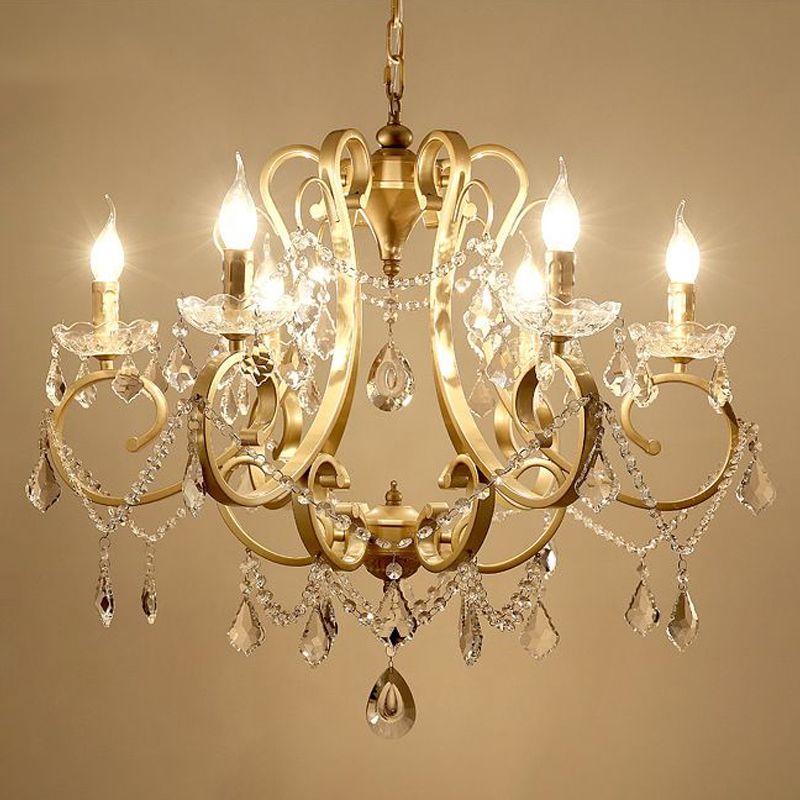 Kristal draperen kroonluchter verlichting rustieke goud scrollende arm eetkamer hanger met kristalval