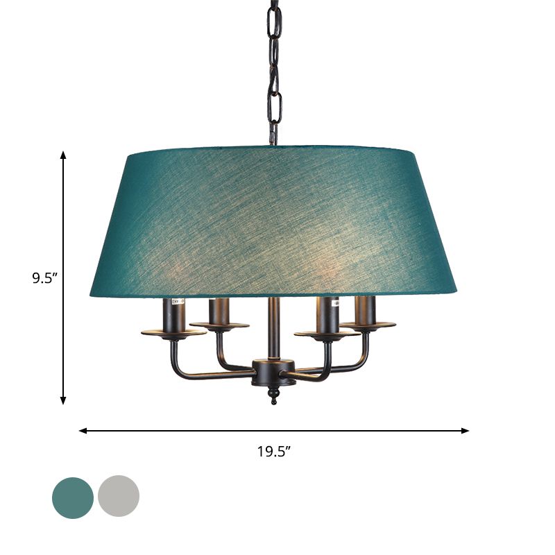 4 Lights Fabric Chandelier Light Rural Style Beige/Green Tapered Drum Dining Room Drop Pendant