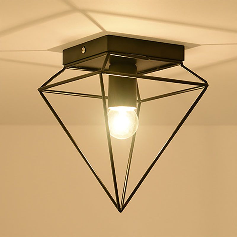 1 Light Cage Diamond Flush Mount Ceiling Light Loft Stylish Black/White Metallic Ceiling Lamp for Study Room