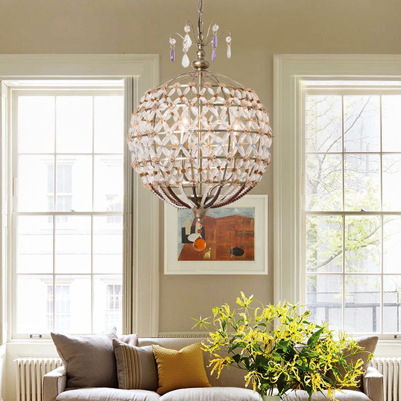 Champagne Globe Frame Chandelier Light Traditional Metal 4 Lights Dining Room Hanging Light with Crystal Accent